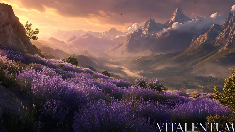 Lavender alpine valley at sunset with layered mountain ridges