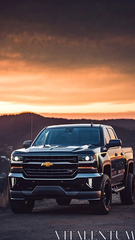 Black pickup truck on mountain road at vivid sunset.