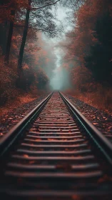 Symmetrical railway lines vanish into fog through red forest corridor