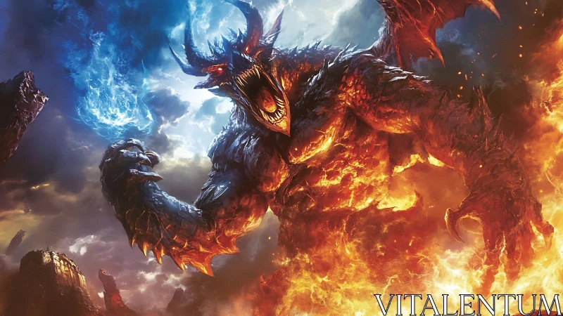 Infernal fire demon roaring amid blazing elemental storm.