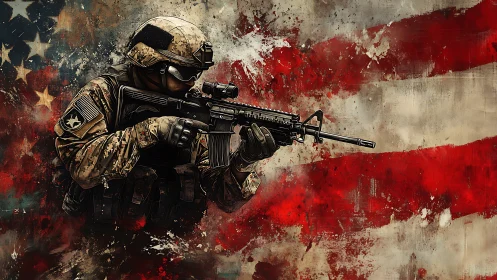 Armed soldier in combat gear stands before distressed flag background