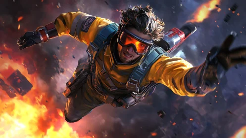 Jetpack hero dives through explosive burning battlefield