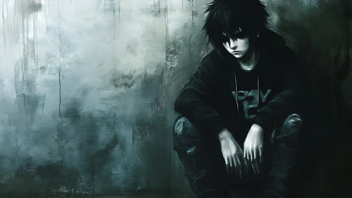 Solitary hooded boy sits in shadowed concrete corner