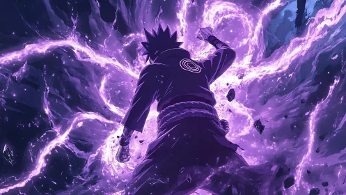 Backlit anime sorcerer channeling vortex of violet plasma