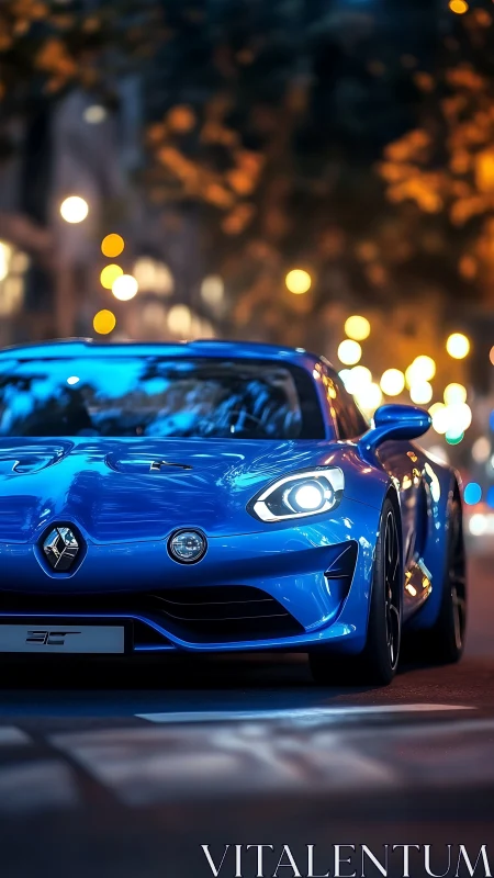 Electric blue sports car cruising through cozy city lights.