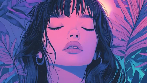 Woman with closed eyes in neon tropical digital portrait
