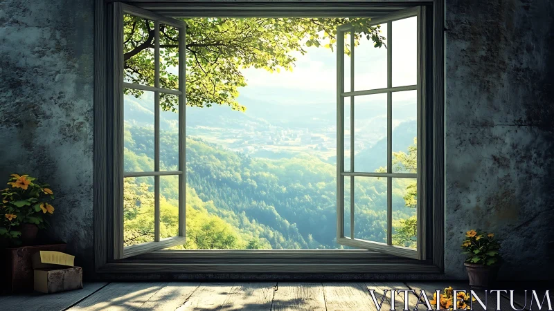 Sunlit valley portal framed by a weathered, dreaming room.