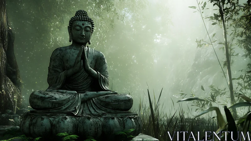 Stone Buddha statue sits in dense, mist-filled forest clearing
