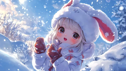 Child in bunny hat standing in bright snowy landscape.