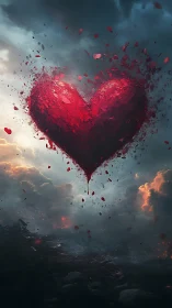 Heart Disperses Into Fragmented Particles Against Dramatic Sky
