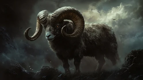 Storm-forged ram strides through thunder-bitten mountain mists.