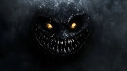 Nocturnal abyssal entity with bioluminescent eyes and fangs