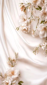 Pale peony arrangement with cascading blooms on luminous fabric draped composition