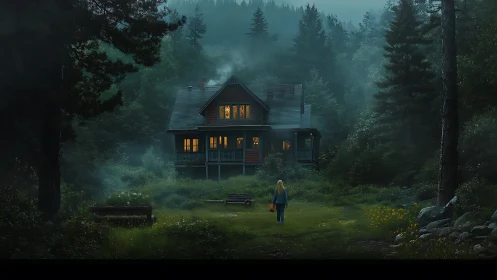 Softly glowing forest cabin welcomes a lone evening visitor