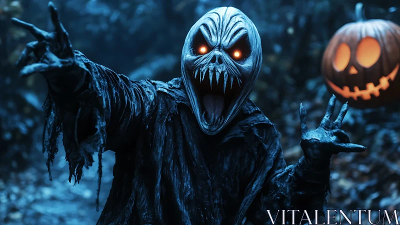 Hooded pumpkin-headed monster poses in dark forest scene