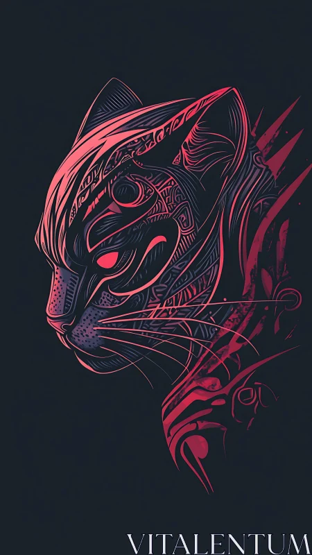 Neon line-art feline constructed with tribal circuitry forms.