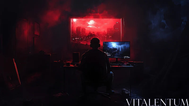 Solitary computer user faces red cityscape window at night