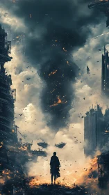 Lone wanderer steps through a storm of fire and ash.