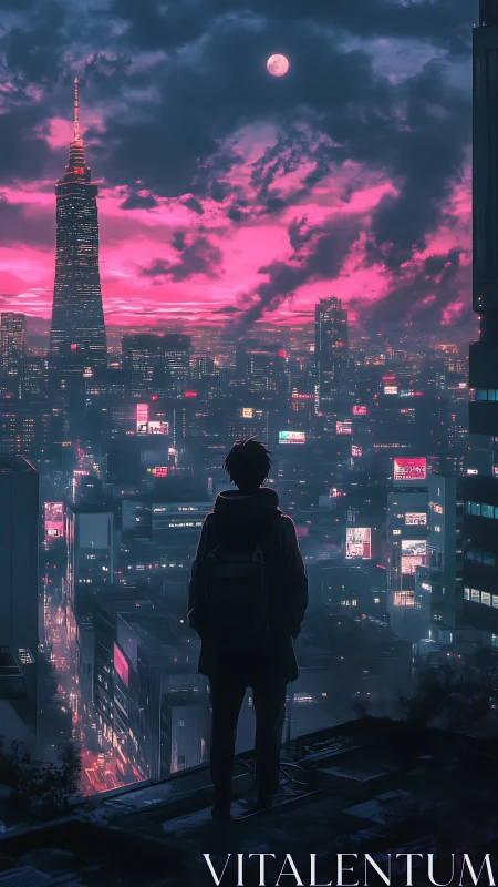 Midnight skyline wanderer beneath neon pink twilight.