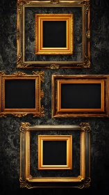 Baroque gold frames aligned on dark damask gallery wall
