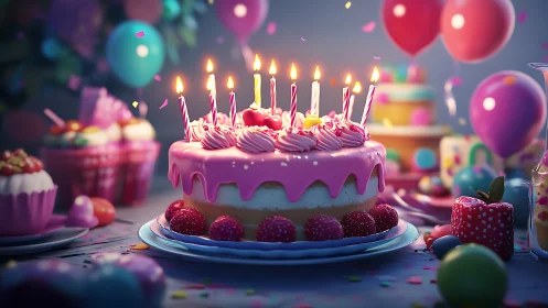 Illuminated Birthday Cake with Lit Candles Surrounded by Festive Party Balloons
