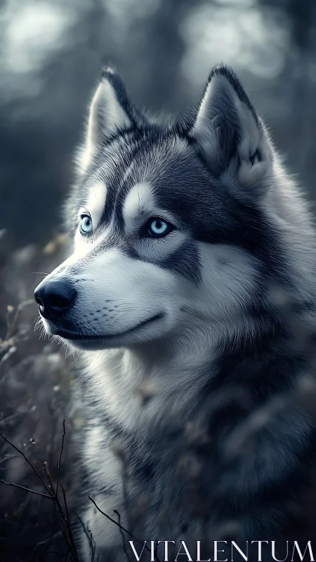 Blue eyed husky in soft focus outdoor portrait.