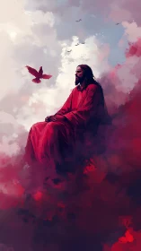 Figure in red robe seated on clouds watching red bird