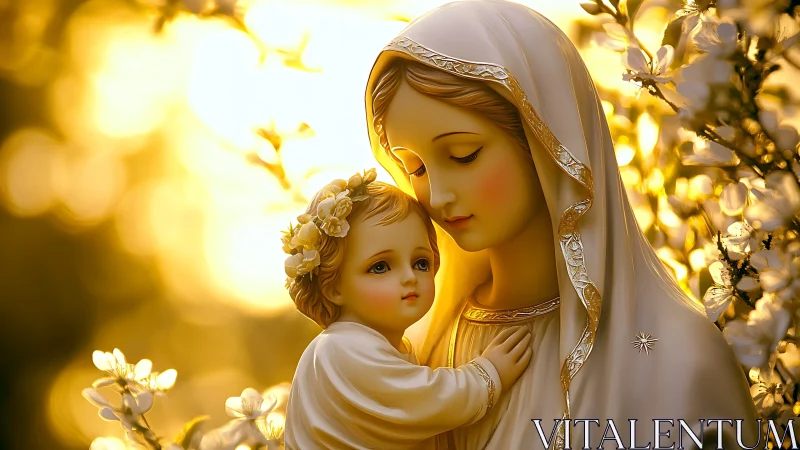 Golden serene Madonna and child amid glowing blossoms.
