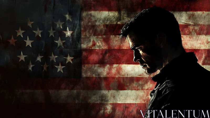Brooding male silhouette stands against a distressed US flag