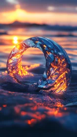 Curved translucent water form under sunset illumination.