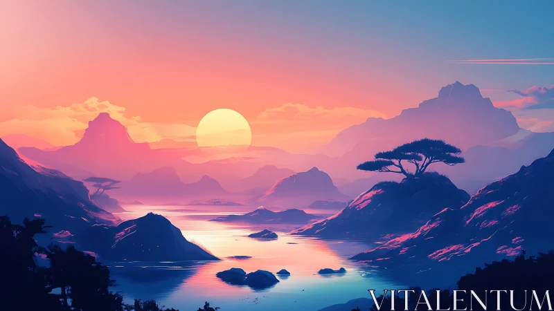 Neon sunset over tranquil stylized mountains and river.