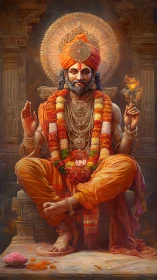 Digital painting of seated Hindu guru with radiant mandala halo.