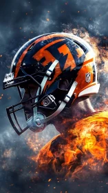 Fiery NFL helmet warrior amid swirling smoke and sparks.