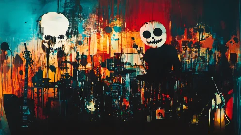 Paint-splattered skull band pulses on a neon grunge stage
