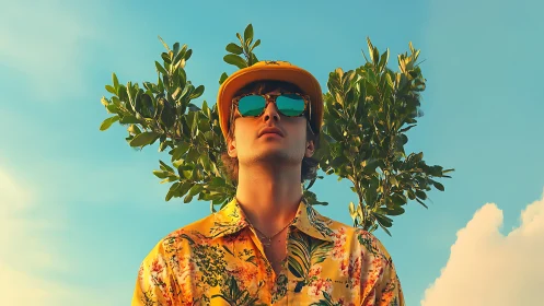 Person in patterned shirt before foliage under blue sky.