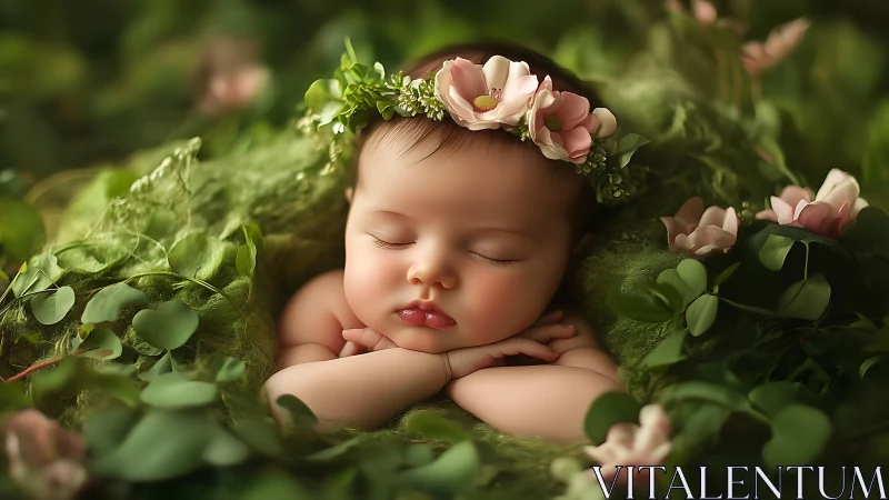 Sleeping Infant with Floral Crown in Garden Setting.