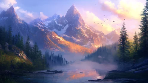 Alpine river valley at sunrise with pine forest and mist banks.