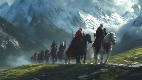 Mounted warriors ride through misty alpine pass at dawn.