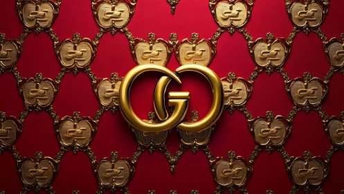 Gold interlocking monogram on baroque red background shows metallic depth