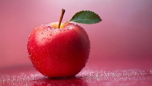 Red apple with leaf and water droplets on reflective surface.