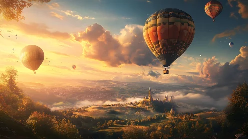 Golden hot air balloons drift above a dreamy valley kingdom