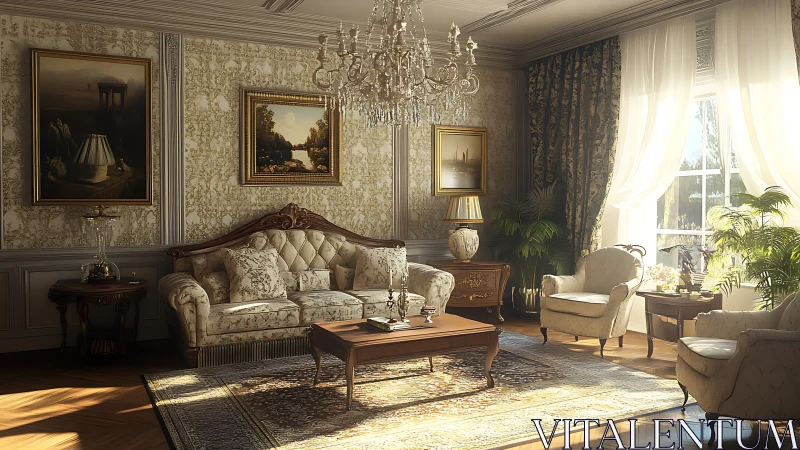 Sunlit neoclassical living room with ornate crystal chandelier.