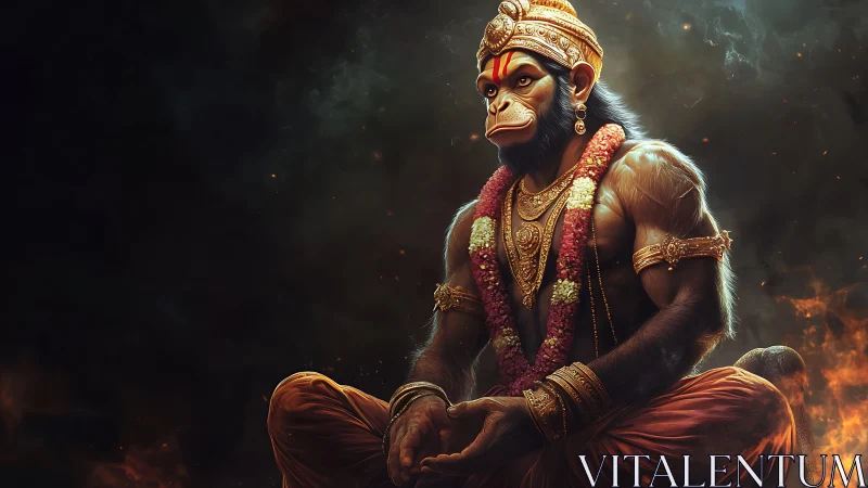 Monkey-headed deity in ornate attire sits amid smoky glow