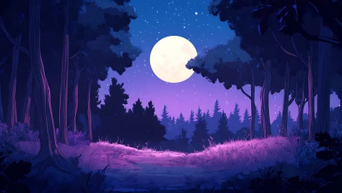 Moonlit Forest Landscape with Glowing Grassland