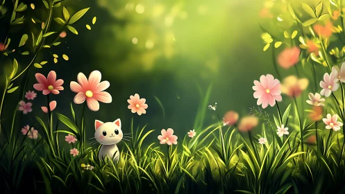 Sunlit meadow kitten dreaming among soft pastel blossoms.