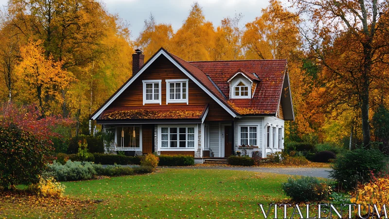 Cozy two-story cottage amid dense autumn forest setting.