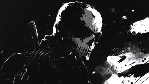 Grim skull warrior in stark monochrome splatter art.