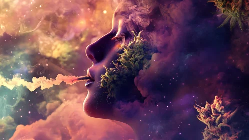 Dreamy cosmic portrait drifting through colorful nebulae.