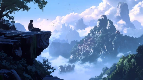 Solitary wanderer quietly observes a misty mountain sanctuary
