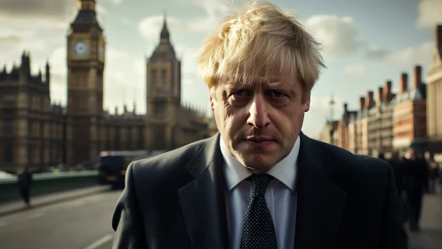 A blond man in formal attire stands on Westminster Bridge